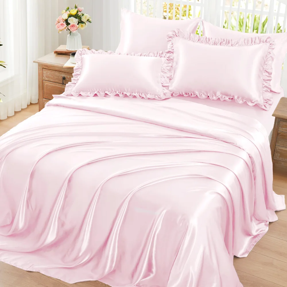 Homiest Ruffled Satin Sheet Set, Full, 6-piece, Blush Pink