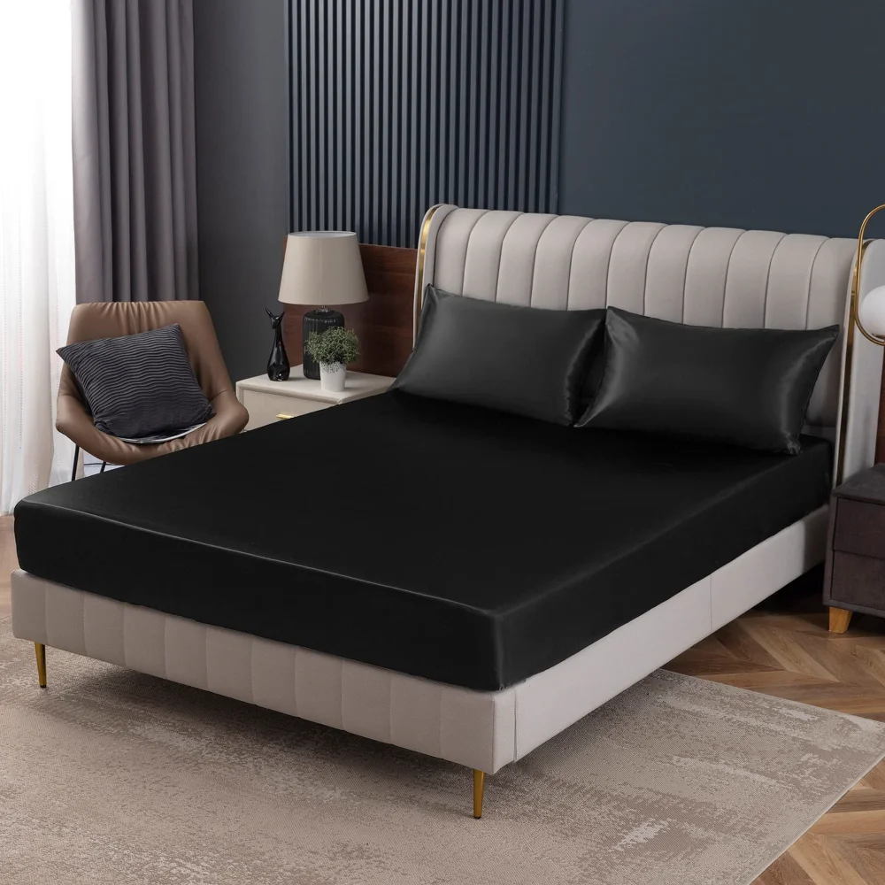 Homiest Satin Fitted Sheet, Queen, Black