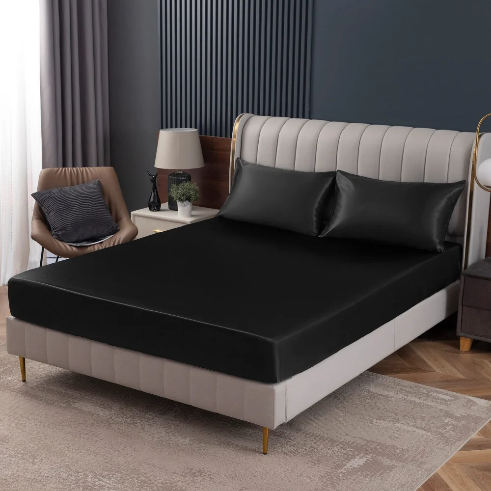 Homiest Satin Fitted Sheet, Full, Black