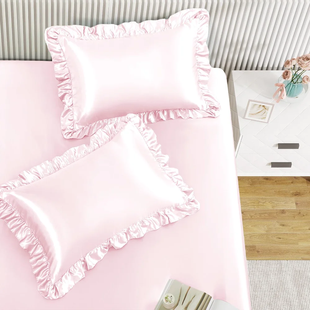 Homiest Ruffle Pillowcase & Satin Fitted Sheet Set, Full, 3-piece, Blush Pink