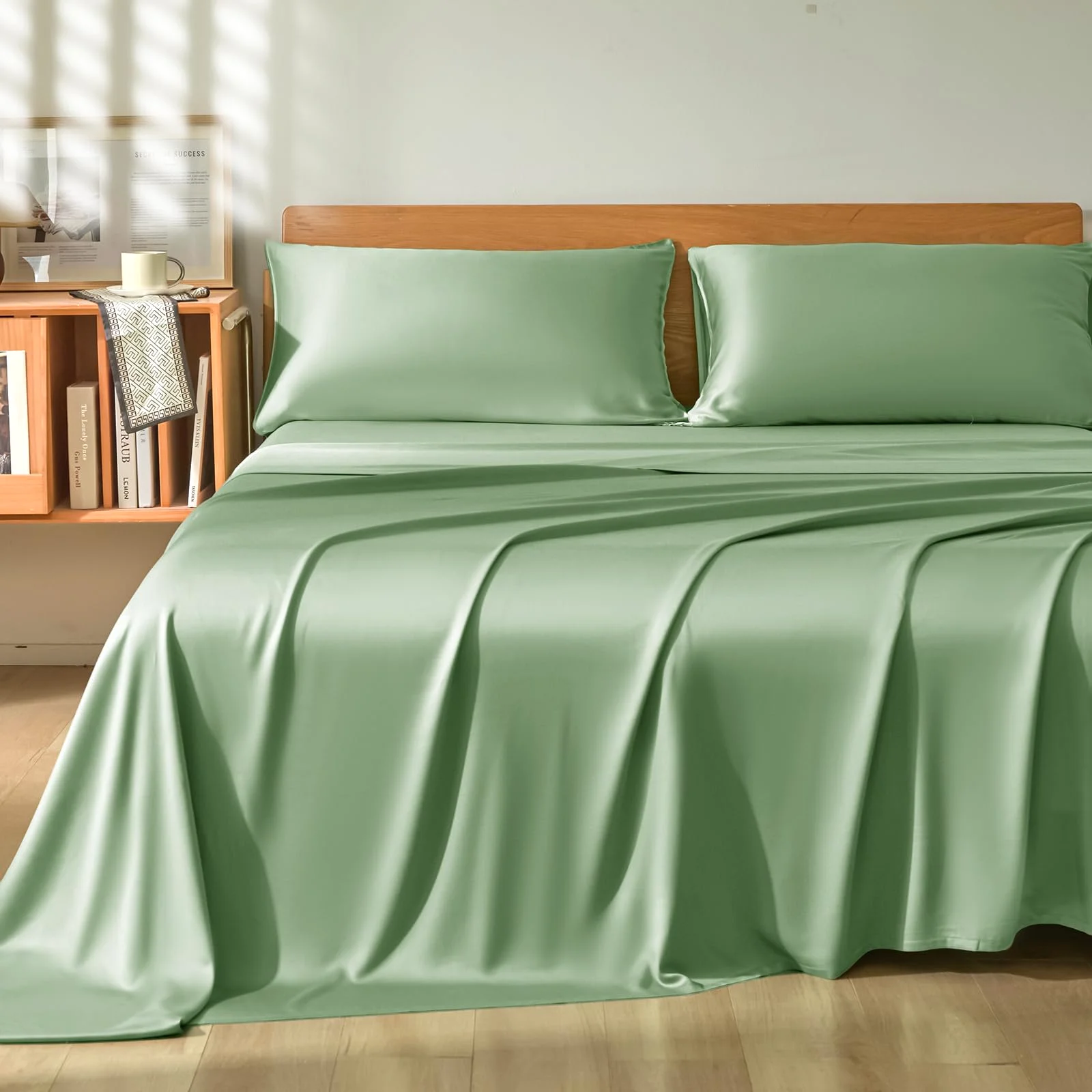 Bamboo rayon sheets in sage green on a queen bed