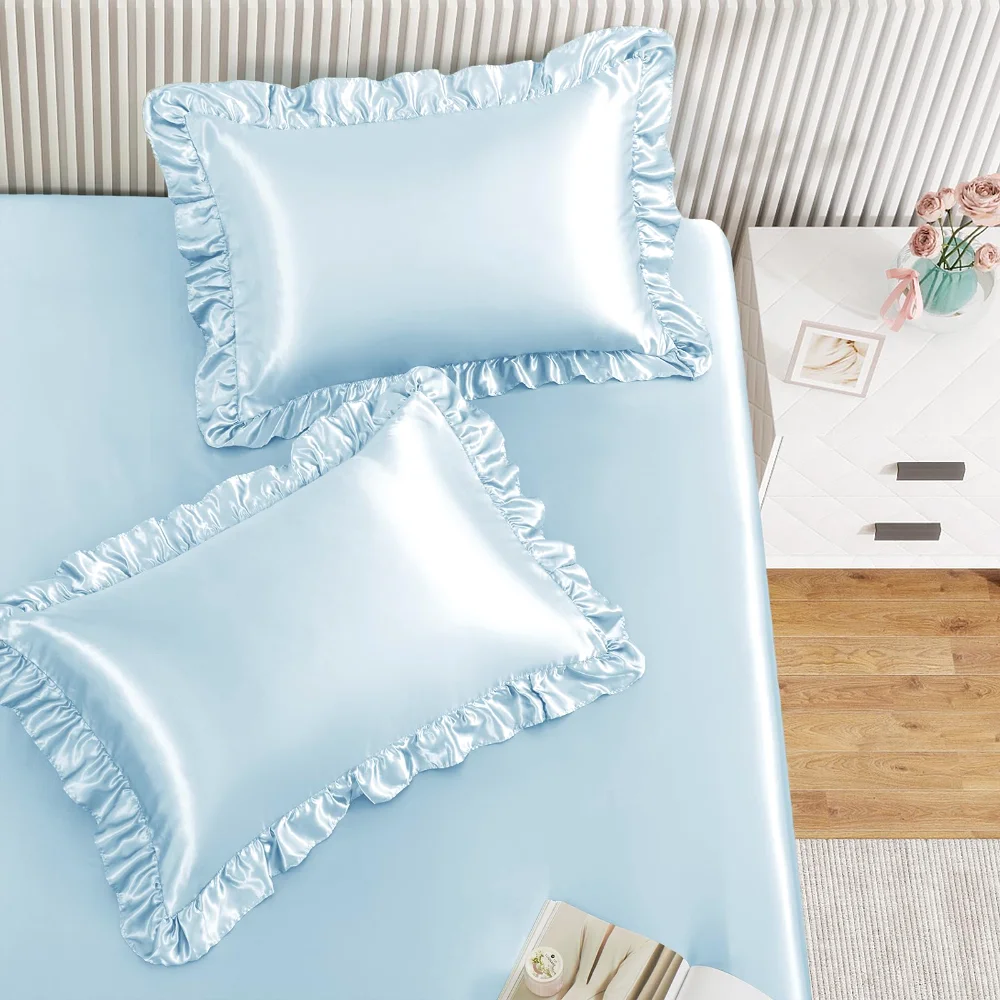 Homiest Ruffle Pillowcase & Satin Fitted Sheet Set, Full, 3-piece, Baby Blue